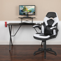 Flash Furniture BLN-X10RSG1031-WH-GG Black Gaming Desk and White/Black Racing Chair Set with Cup Holder, Headphone Hook, and Monitor/Smartphone Stand